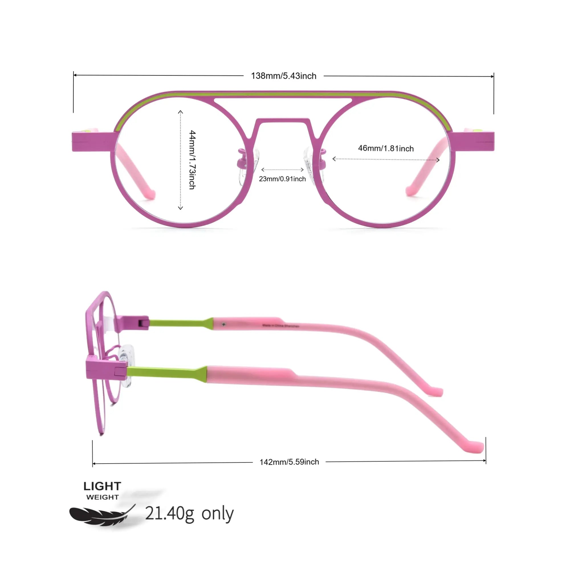 Technical diagram showing precise measurements of the frame in Candy Lime color-block titanium frame with pink-green tones, part of the NeoPilot series